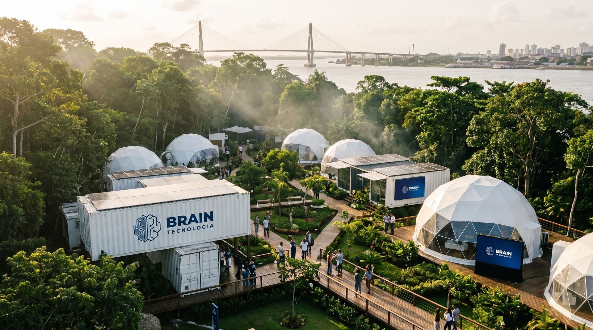 Campus de evento sustentável em Belém com domos, painéis solares e contêiner Brain Tecnologia